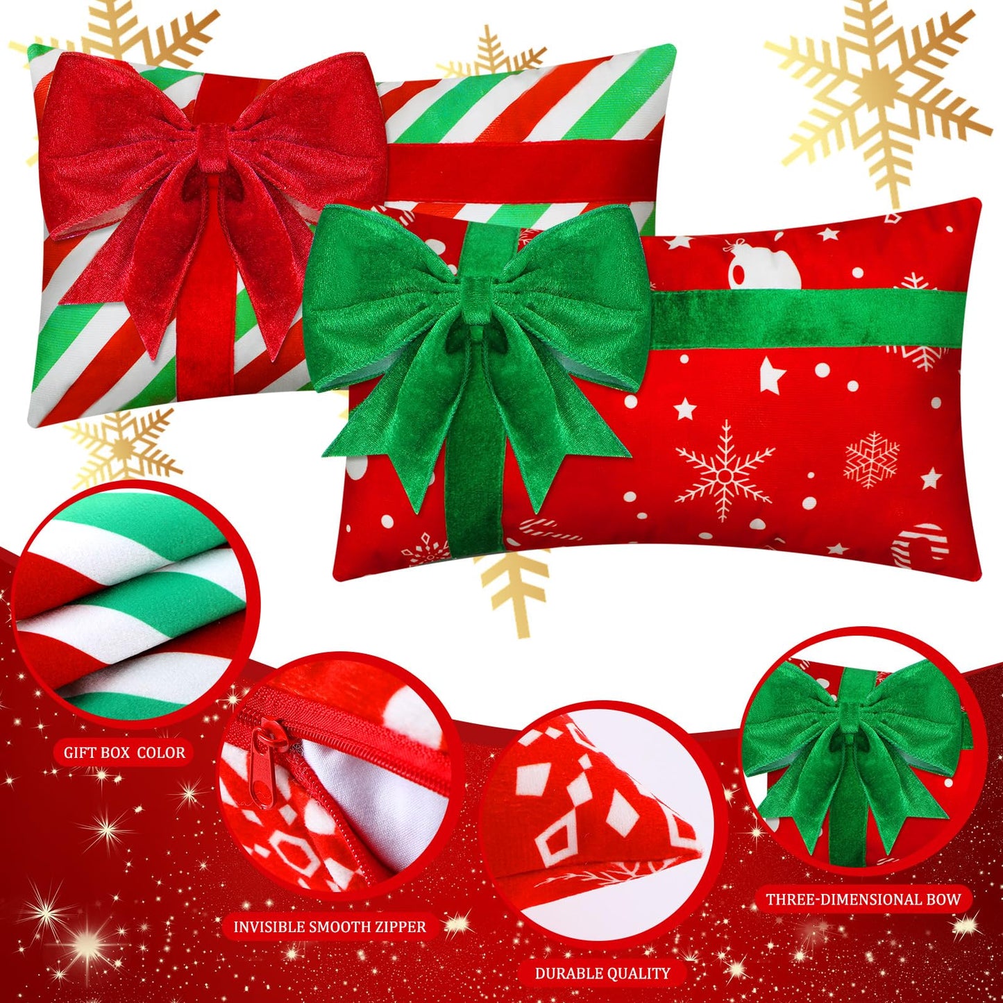 Kingdder Christmas Pillow Covers 12 x 20 Inch Set of 4 Farmhouse Xmas Throw Pillow Cases Gift Box Style Red Green White Snowflake Bow Decoration for Couch Holiday Sofa Cushion Decor