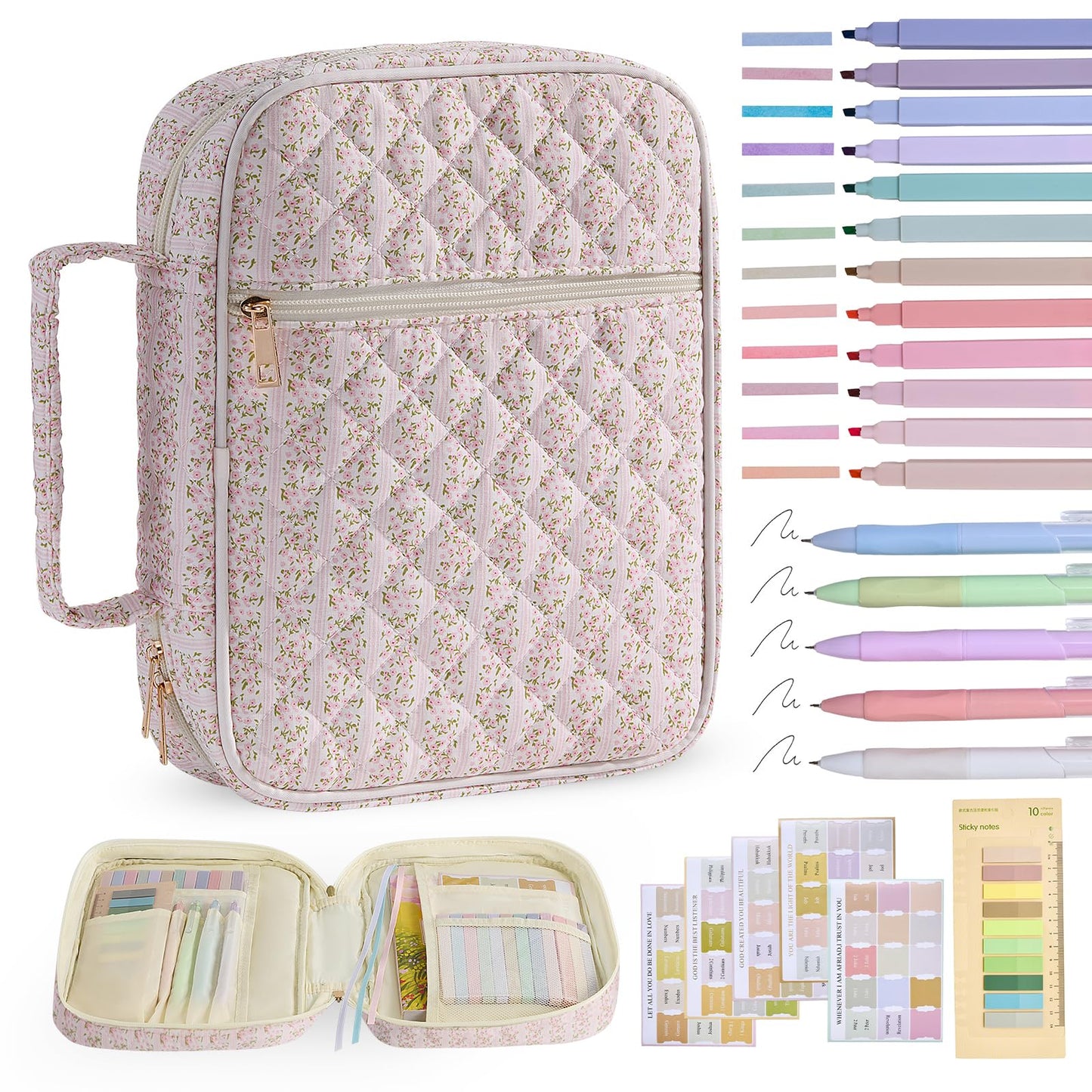 PPeen Bible Cover Case for Women Large Bible Cover Bag Quilted Bible Carrying Case for Girls Bible Study Supplies Accessories Christian Gifts for Women (Pink Floral, Large)