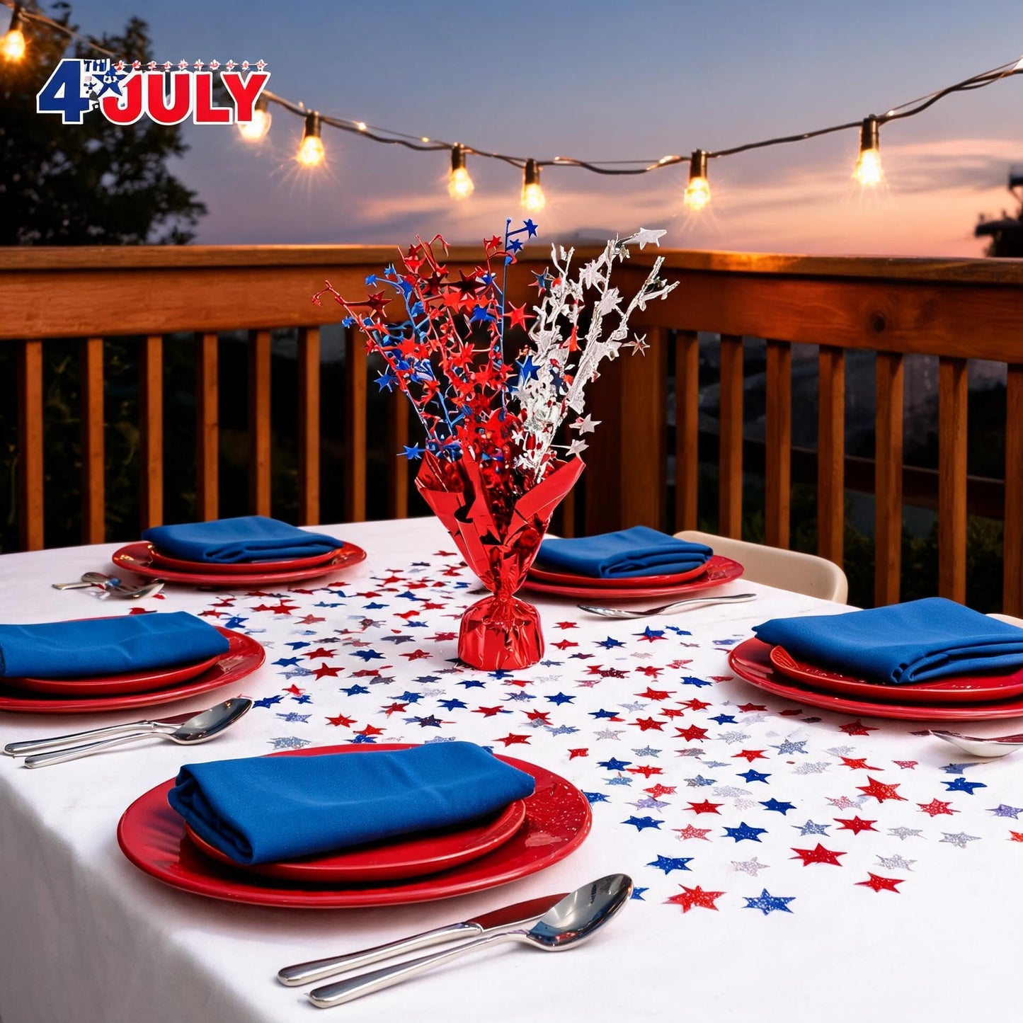 6 Pack 4th of July Table Centerpiece Decoration, Metallic Foil Spray Star Burst Patriotic Decor for 250th Anniversary Independence Day, Holiday Memorial Day Party Supplies Decor (Silver&Blue&Red)
