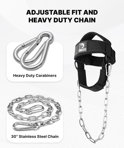 DMoose Fitness Neck Harness for Weight Lifting - Soft Padded Head & Chin Strap with 30" Heavy Duty Steel Chain - Neck Exerciser, Trainer & Strengthener to Support Injury Recovery (Black)