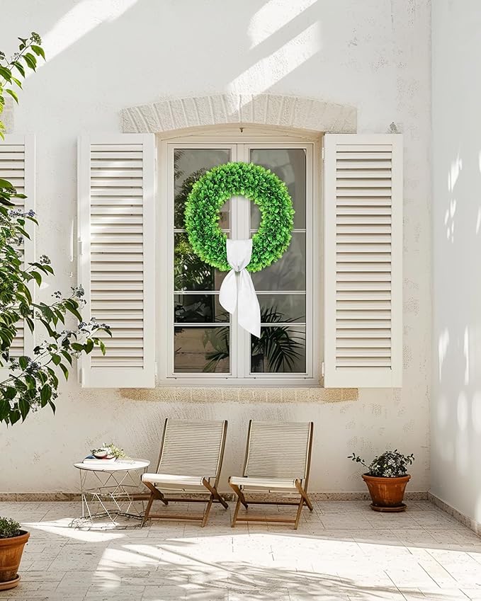 20 inch Artificial Boxwood Wreath for Front Door, Greenery Spring Summer Wreath for All Seasons with Sash，St Patrick's Day Decoration, Farmhouse, Garden, Wedding, Indoor & Outdoor