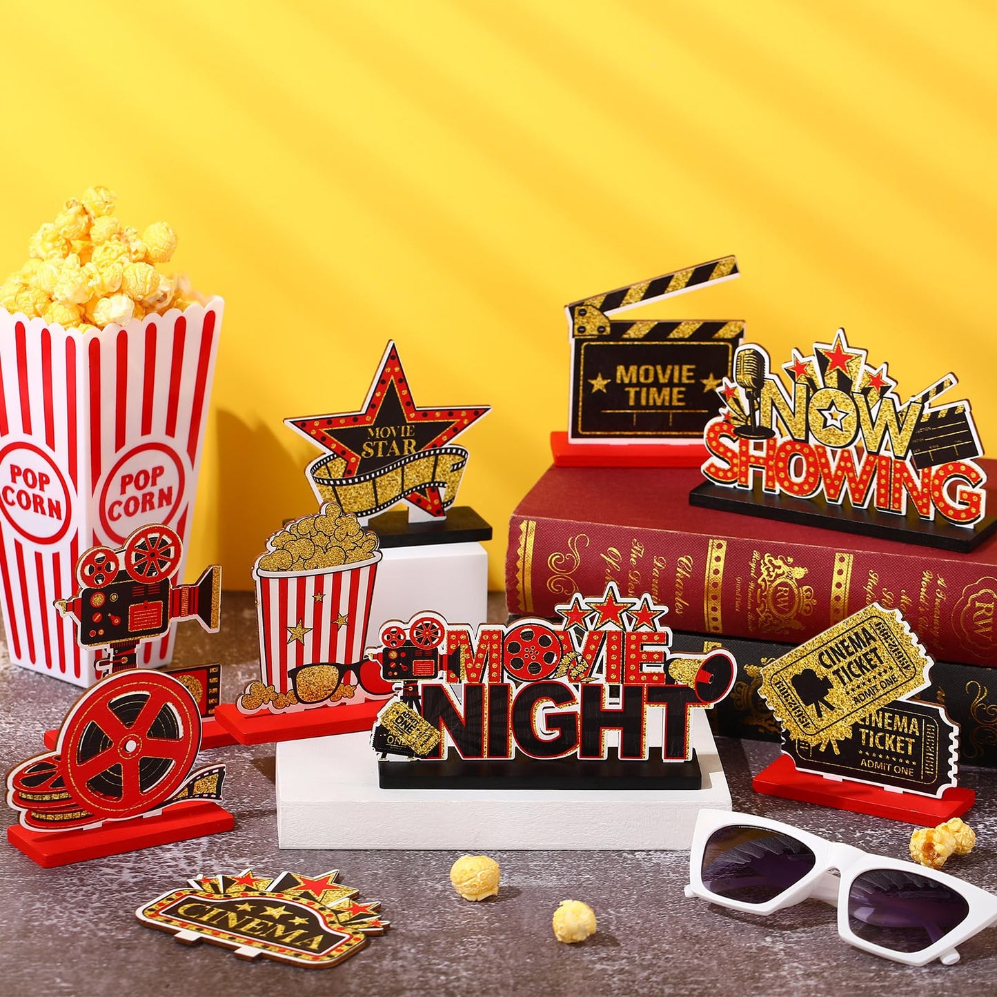 Blosssound 9 Pcs Movie Night Party Decorations Movie Theme Wooden Table Centerpieces Theater Now Showing Table Sign Cinema Popcorn Star Tabletop Decor for Home Film Birthday Party Supplies