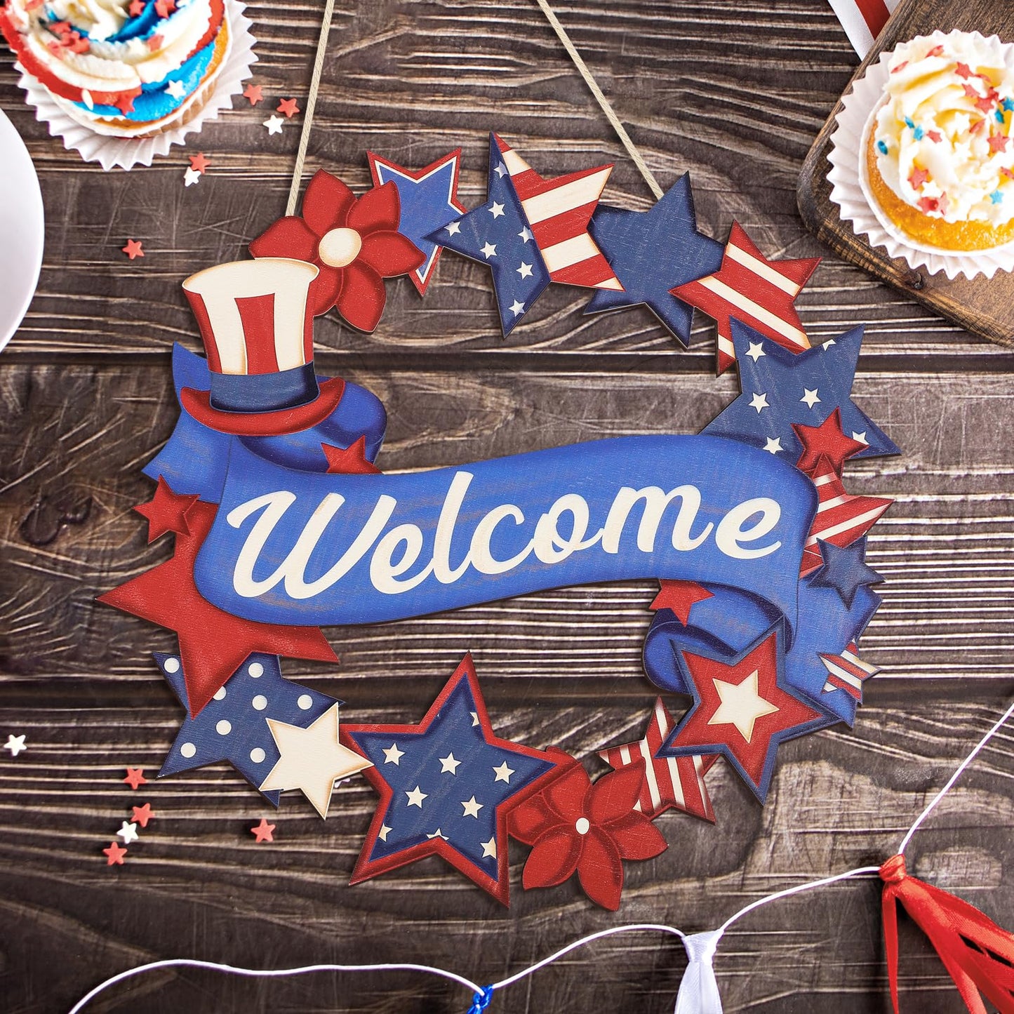 4th of July Decorations Wooden Welcome Sign, Wooden American Flag Star Wreath, Outdoor Wall Hanging for Front Porch, Veterans Day Home Decor (4th of July)