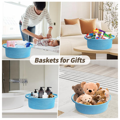 Pro Goleem Small Woven Basket with Gift Bags and Ribbons Durable Baskets for Gifts Empty Small Rope Basket for Storage 12"X 8" X 5" Baby Toy Basket with Handles, Blue