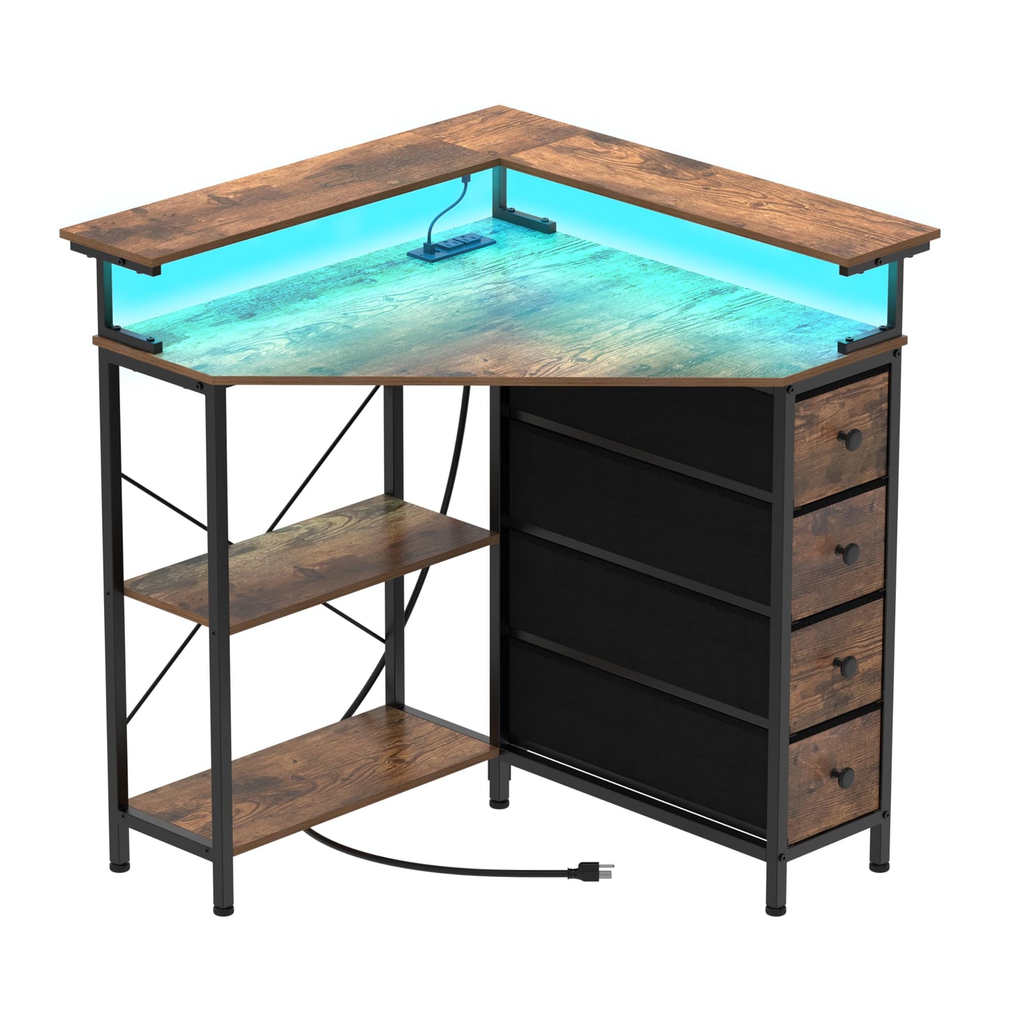 VENNQD Corner Desk with Drawers Shelves for Small Space 90 Degrees Triangle Computer Desk with Power Outlets,Gaming Desk with LED Lights Monitor Stand for Home Office Workstation Writing Table (Brown)