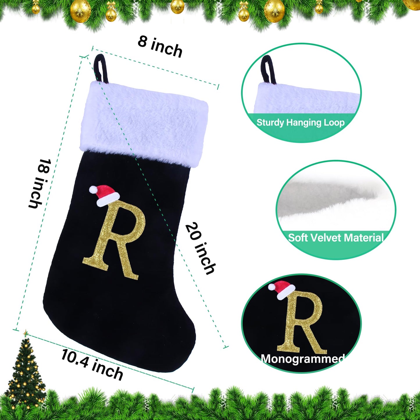 20 Inches Monogram Christmas Stockings with Letters, Large Super Soft Christmas Stockings Black Velvet with White Super Soft Plush Cuff for Xmas Tree Holiday Fireplace Gold Letter R