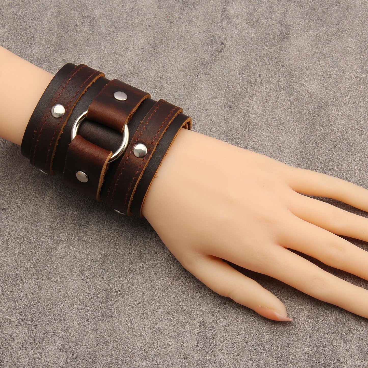 GelConnie Genuine Leather Wristband Punk Alloy Buckle Bracelet Brown Arm Cuff Wide Leather Wristband Cuff Bracelet for Men