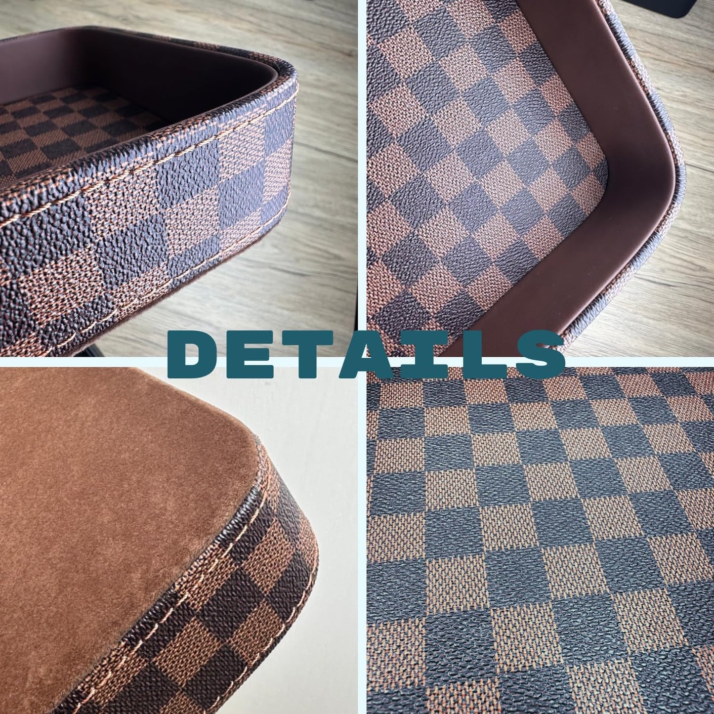 NAKOR HOME Leather Valet Tray for Men (Solid Wood Inside), Key Trays Bowl for Entryway Table, EDC Catch All Dish, Organizer Decorative Tray for Cologne Jewelry Perfume Watch Wallet- Brown Checkered PU