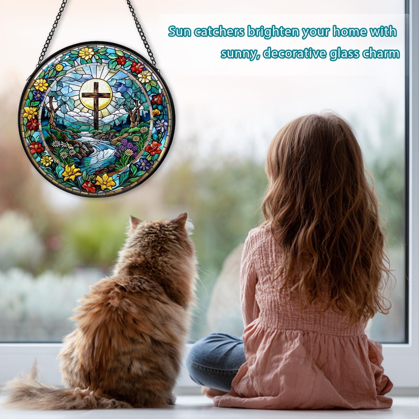 Cross Stained Glass Window Hanging, Wildflower Suncatcher Diamond Glass Panel Hangings, Sun Catchers Indoor Windows Wall Art Decor, Pastor Christian Gift, Christmas Decor for Home Office 7.87 inches