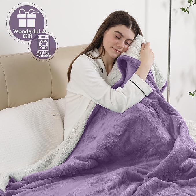 Full Electric Blanket, Heated Electric Blanket with Flannel Sherpa, Machine Washable Heated Blanket with Timer 6 Heating Levels & 1-10 Hours Auto Off, Overheat Protection,72" x 84", Lavender Violet