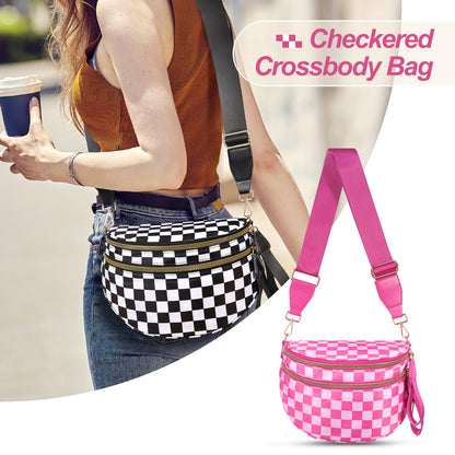 Checkered Crossbody Bag,Nylon Bum Bags for Women Crossbody,Spacious Sling Bag Purse Fanny Packs with Shoulder Strap