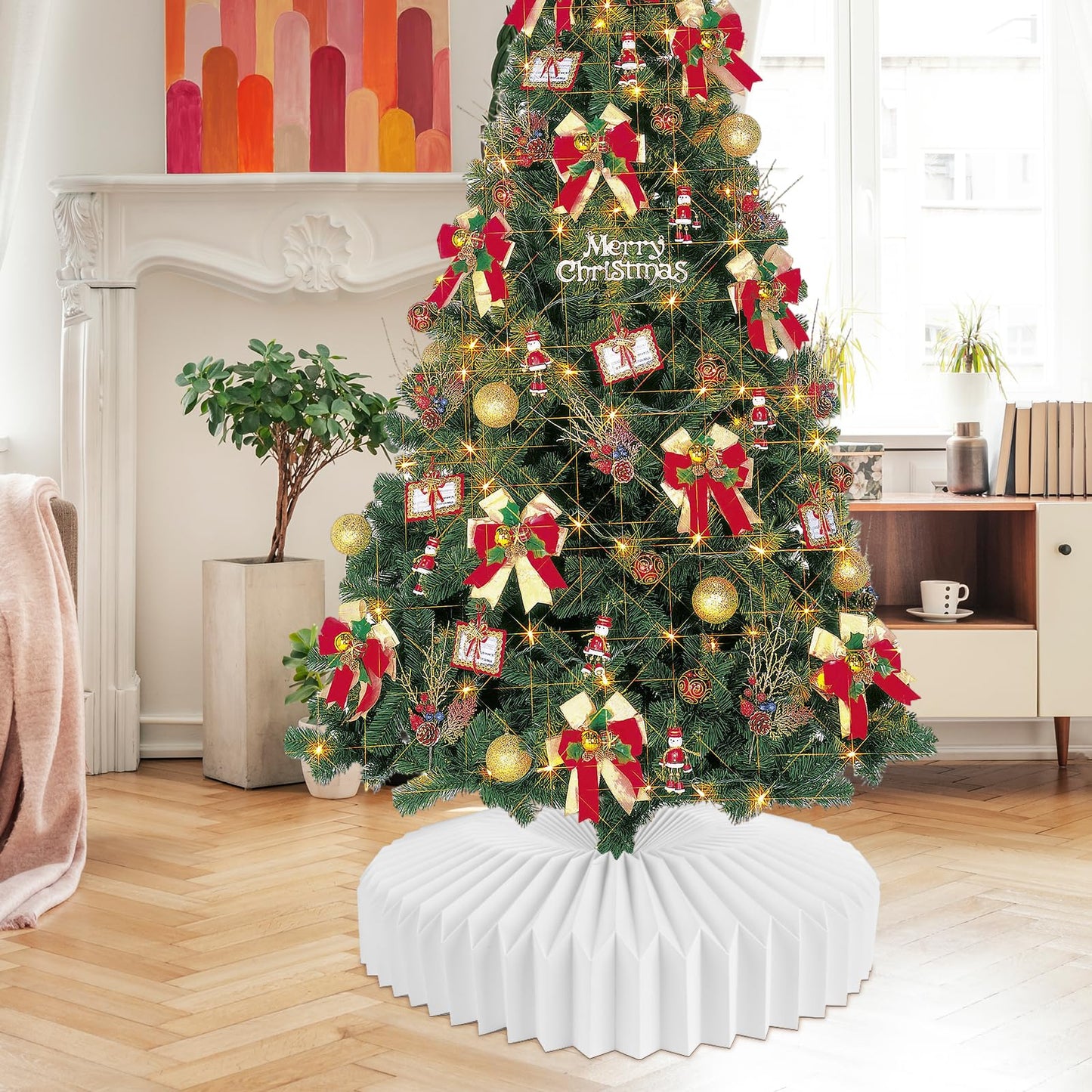 succulentlovers 26 Inch Honeycomb Christmas Paper Tree Collar, White Foldable Christmas Tree Ring Skirt Collar, Paper Basket Stand Box Base Cover Fit for 6ft to 9ft Artificial Trees Holiday Decoration