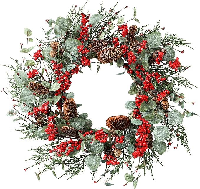 YNYLCHMX 22 Inch Winter Wreath for Front Door, Winter Wreath with Eucalyptus Leaves Red Berry Pine Cones Pine Needle, Artificial Door Wreaths for Indoor Farmhouse Holiday Decoration