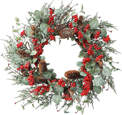 YNYLCHMX 22 Inch Winter Wreath for Front Door, Winter Wreath with Eucalyptus Leaves Red Berry Pine Cones Pine Needle, Artificial Door Wreaths for Indoor Farmhouse Holiday Decoration