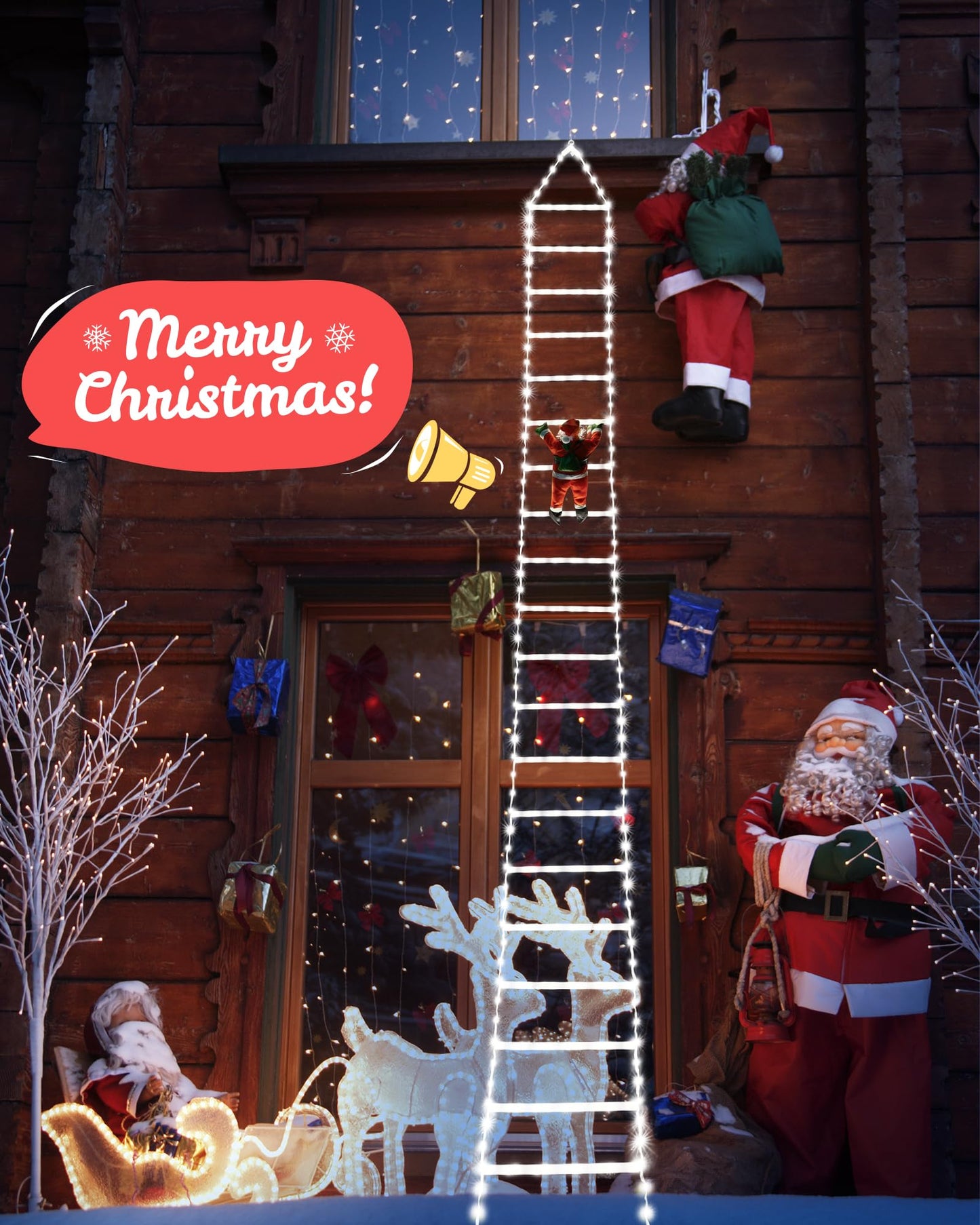 Christmas Decorations LED Ladder Lights with Climbing Santa Claus, 10ft Outdoor Christmas Decorative Light - 8 Modes Xmas Lights Tree for Home Holiday Wall Window Xmas Decor (Cool White)