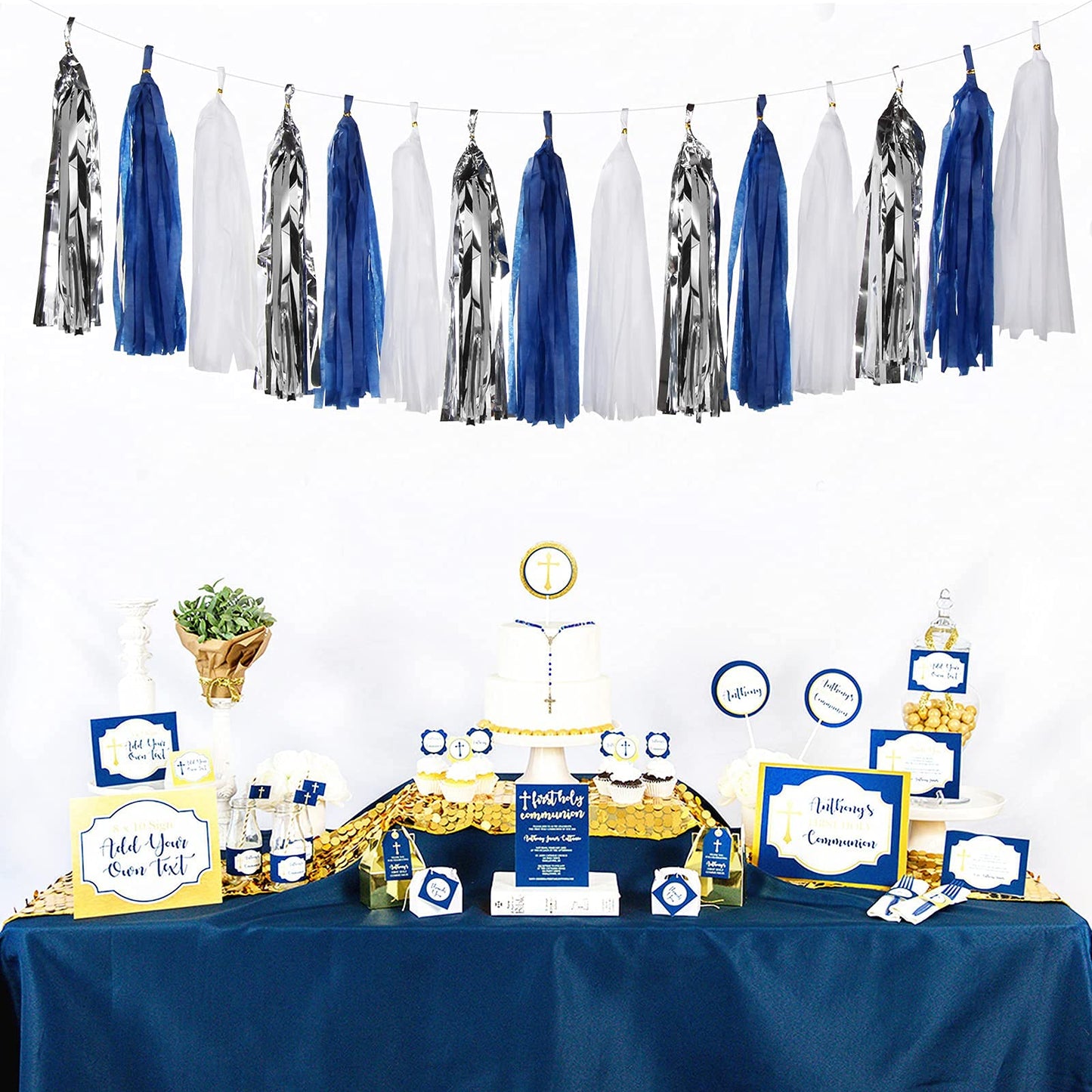 Navy Blue White Silver Party Decorations,23pcs Kit Graduation 2026 Tissue Paper Pom Poms Streamers,Tassel Garland Banner Flowers,Men Birthday Bachelorette Baby Shower Christmas Decor Lasting Surprise