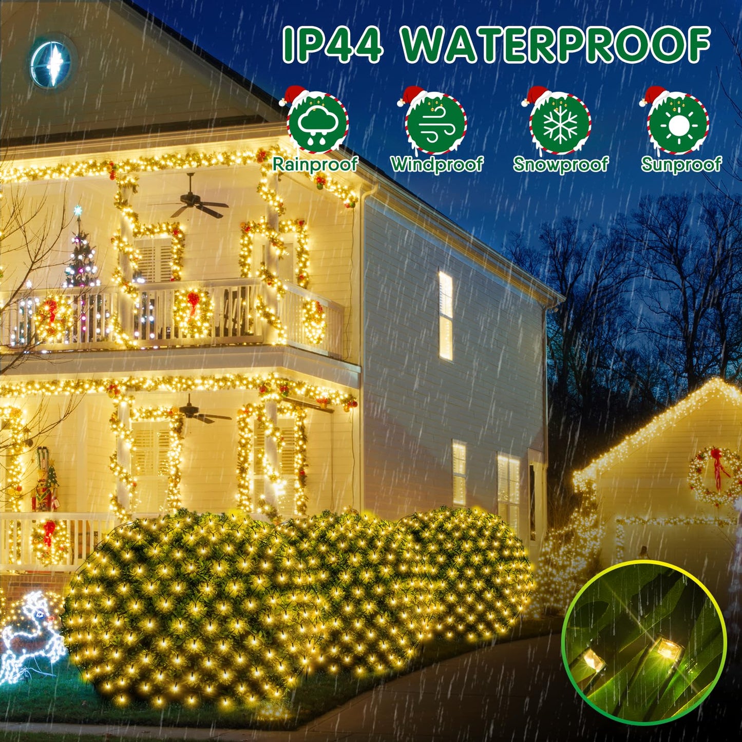 Hezbjiti Christmas Net Lights Outdoor 200 LED 6.9FT x 5.4FT Green Wire with 8 Modes, Connectable Plug in Waterproof, Timer Memory Function for Xmas Tree Bushes Porch Lawn Windows Decor（Warm White）