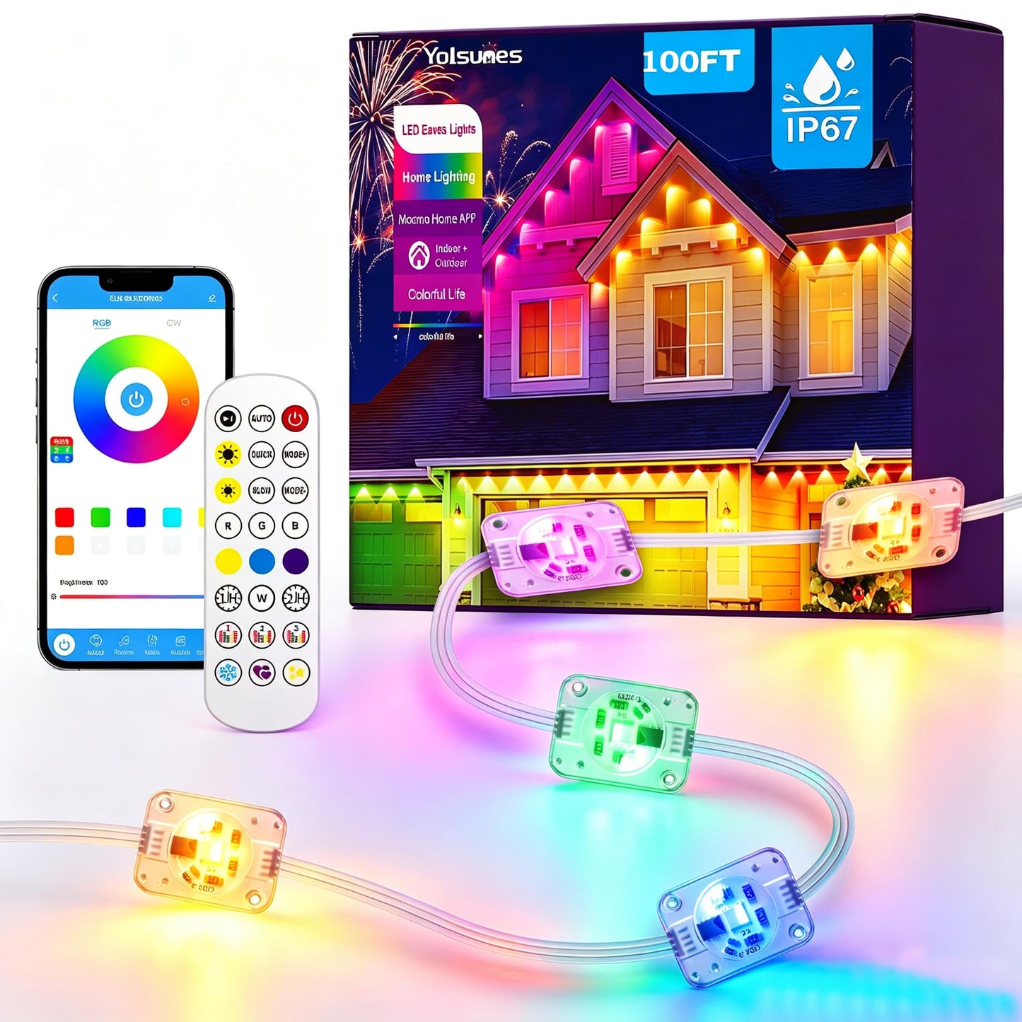 100ft Permanent Outdoor Lights, RGB+IC IP67 Waterproof Smart LED Lights with App/Remote for Daily, Christmas, New Year, Halloween, Holiday, Party Decor, Valentine's Day Christmas Lights Outdoor