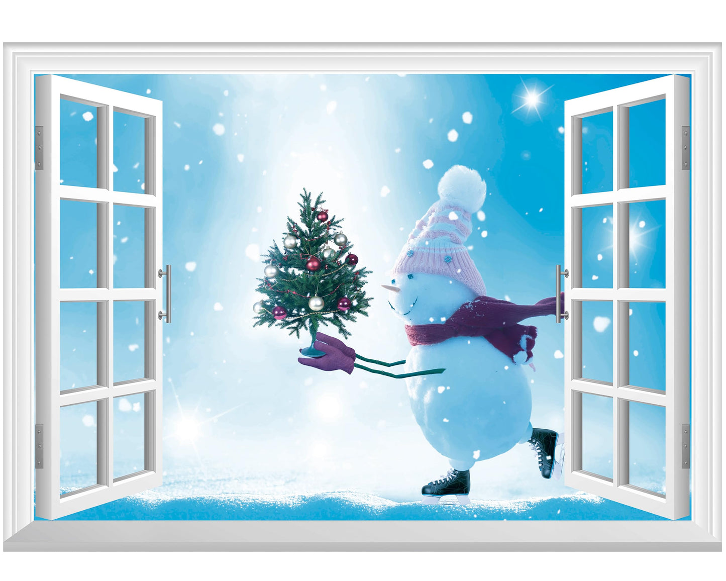FLFK Fake Window Wall Mural - Snowman Holding a Christmas Tree Faux Window Wall Sticker for Wall Decor, Peel and Stick Wall Decals,48"x32",Set of 2 Sheets