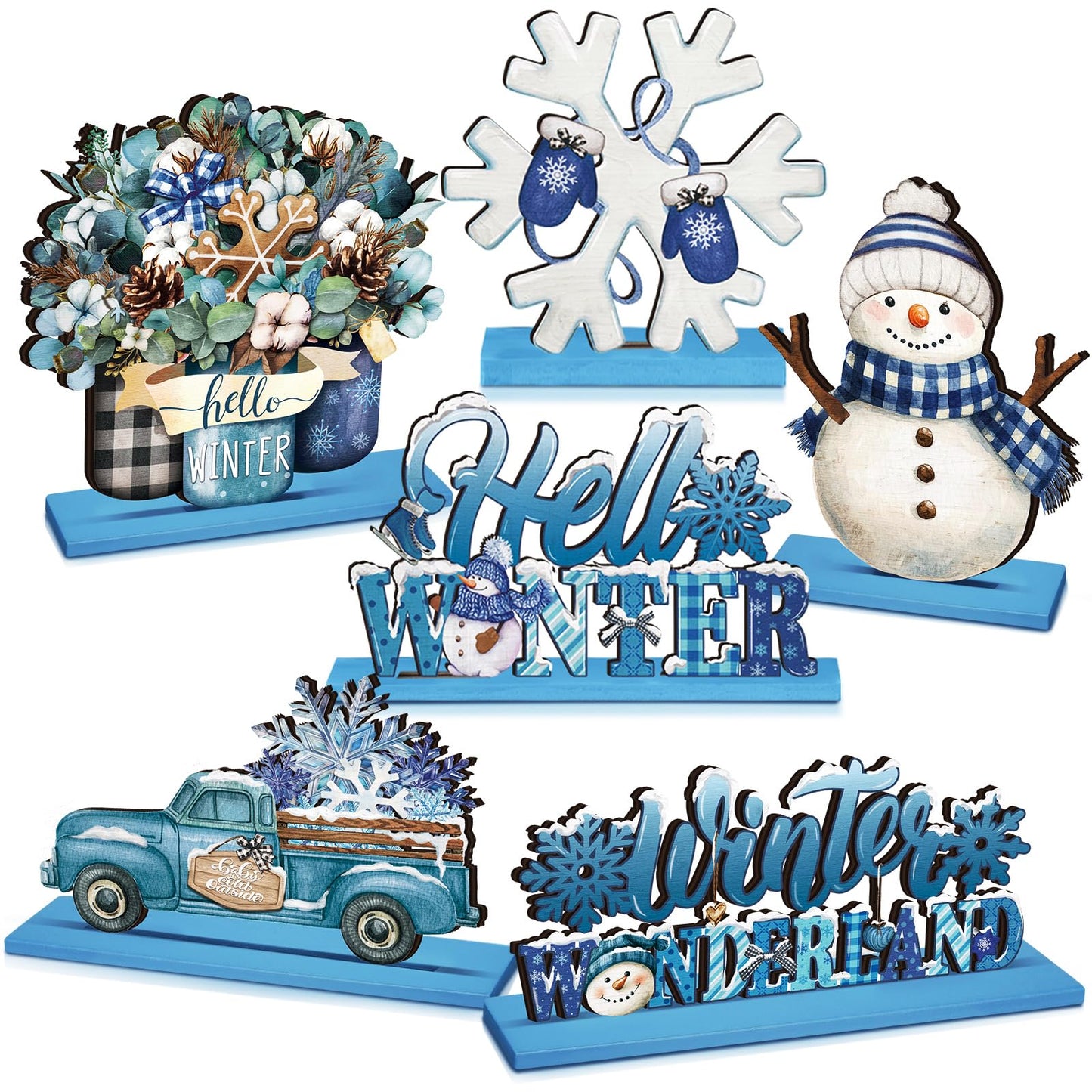 Realspring 6 Pcs Winter Table Decorations Winter Wooden Wonderland Snowflake Snowman Table Centerpieces Blue Christmas Tabletop Signs Rustic Farmhouse Desk Topper for Party Office Decor Supplies