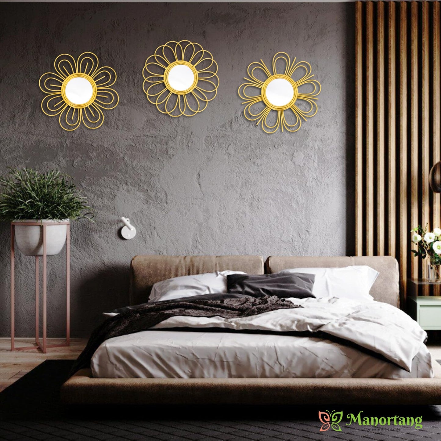 Gold Mirrors 3 Piece, 9 inch Flower-Indoor Shaped Mirror Hanging Wall Decor