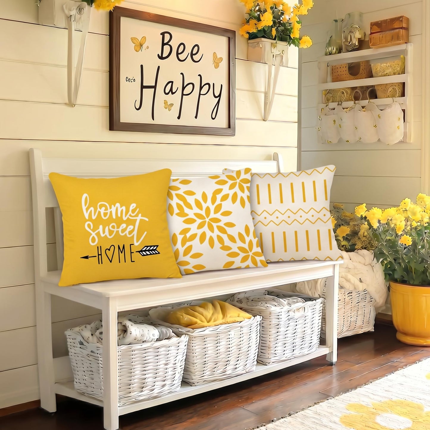 YCOLL Pillow Covers 16x16 Set of 4, Modern Sofa Throw Pillow Cover, Decorative Outdoor Linen Pillow Covers Set of 4 for Couch Sofa Bed and Car, Yellow