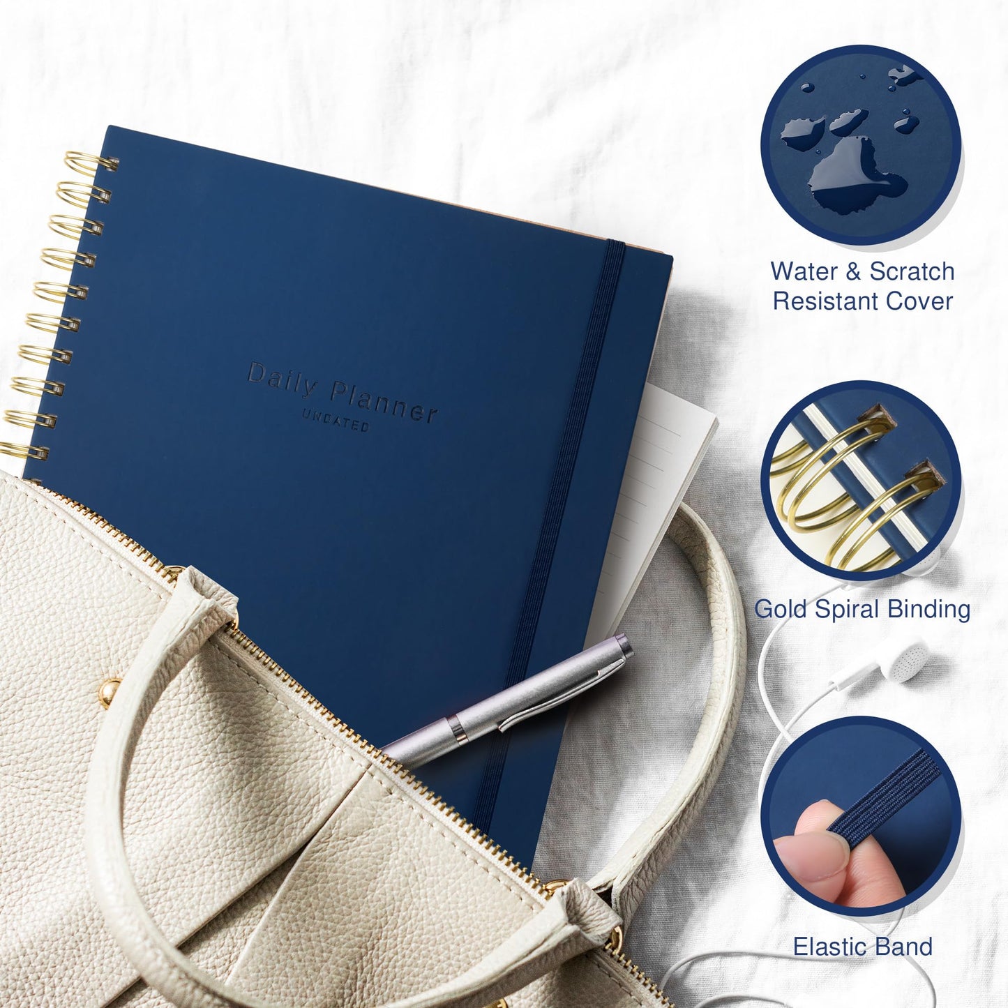 AuroPlanner Undated Daily Planner To Do List Hourly Schedule 2027 2026 2025 Calendar & Holiday Habit Tracker 180 Pages Letter Size 8.5" x 11" Sheets Hardcover Spiral Bound Notebook (Navy Blue)