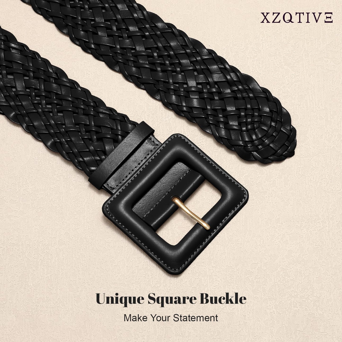 XZQTIVE Women Wide Belt for Dresses Fashion Thick Braided Leather Belts with Square Buckle, Woven Waistband for Ladies, Black(Fit Waist Size Below 31'')