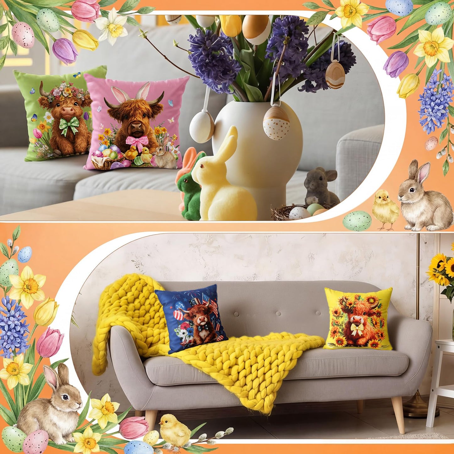 Mindsoft 20 Pcs Holiday Pillow Covers 18 x 18 Easter Pillow Cover Spring Summer 250th Anniversary Pillowcase Decorative Seasonal Cushion Case for Farmhouse Home Sofa(Highland Cow)