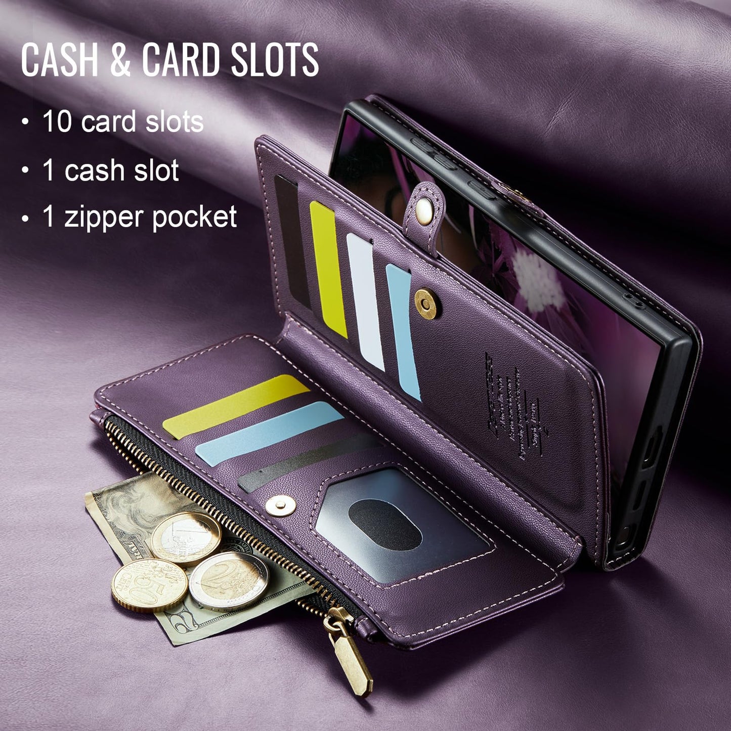 Defencase Compatible with Samsung Galaxy S24 Ultra Case Wallet with RFID Blocking Card Holder for Women Men, PU Leather Magnetic Snap Flip Zipper Strap Phone Case Fit for Galaxy S24 Ultra 5G, Purple