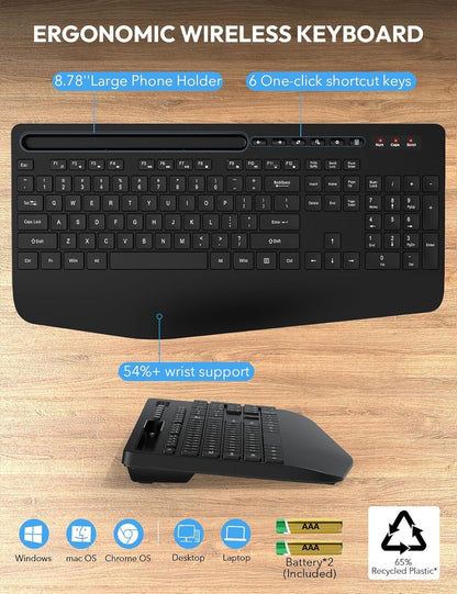 Wireless Keyboard and Mouse Combo, 2.4G Lag-Free Keyboard Set with Ergonomic Wrist Rest, Phone Holder, Silent Keyboard Cordless Set for Computer, Batteries Included, Laptop, PC, Mac, Windows -SABLUTE