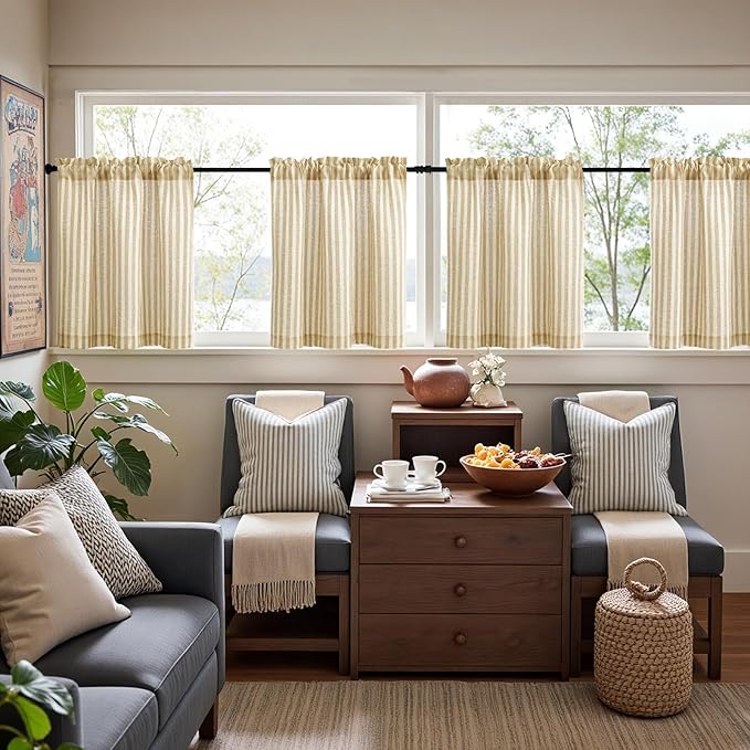 jinchan Striped Linen Kitchen Curtains 24 Inches Length Tier Curtains Farmhouse Modern Cafe Style Small Window Treatments Airy Light Filtering Rod Pocket for Living Room Bathroom 2 Panels Beige