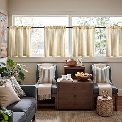 jinchan Striped Linen Kitchen Curtains 24 Inches Length Tier Curtains Farmhouse Modern Cafe Style Small Window Treatments Airy Light Filtering Rod Pocket for Living Room Bathroom 2 Panels Beige