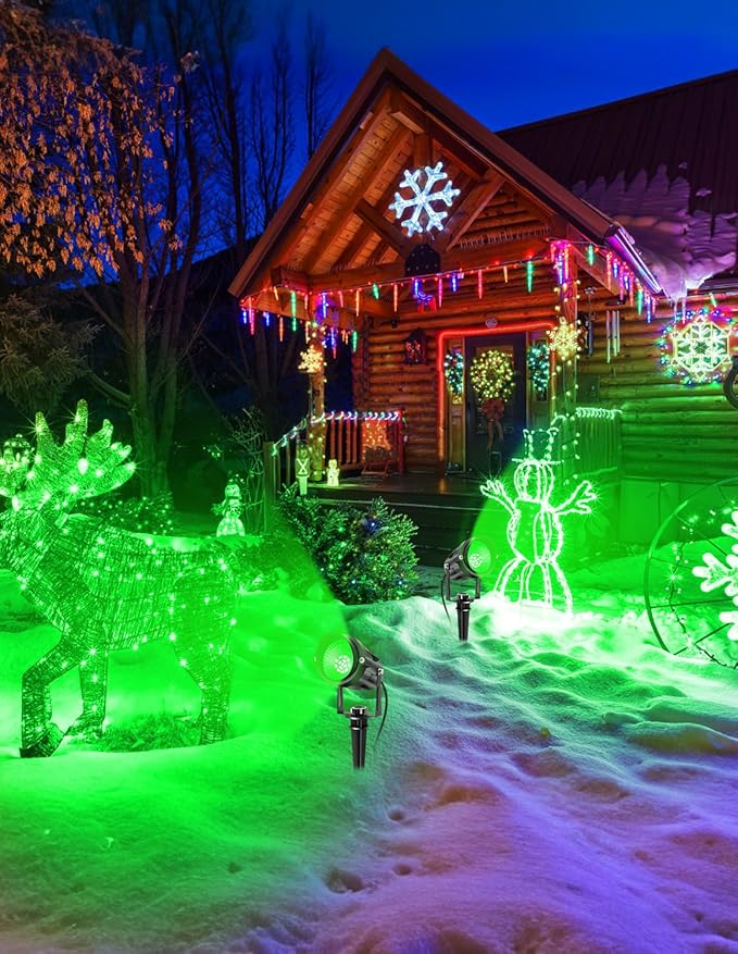 Christmas Green LED Spot Lights Outdoor, 14 LED Landscape Lighting with US Plug, IP65 Waterproof Spotlights for Tree Yard Garden Pathway Halloween St. Patrick's Day Flag Decor 2 Pack