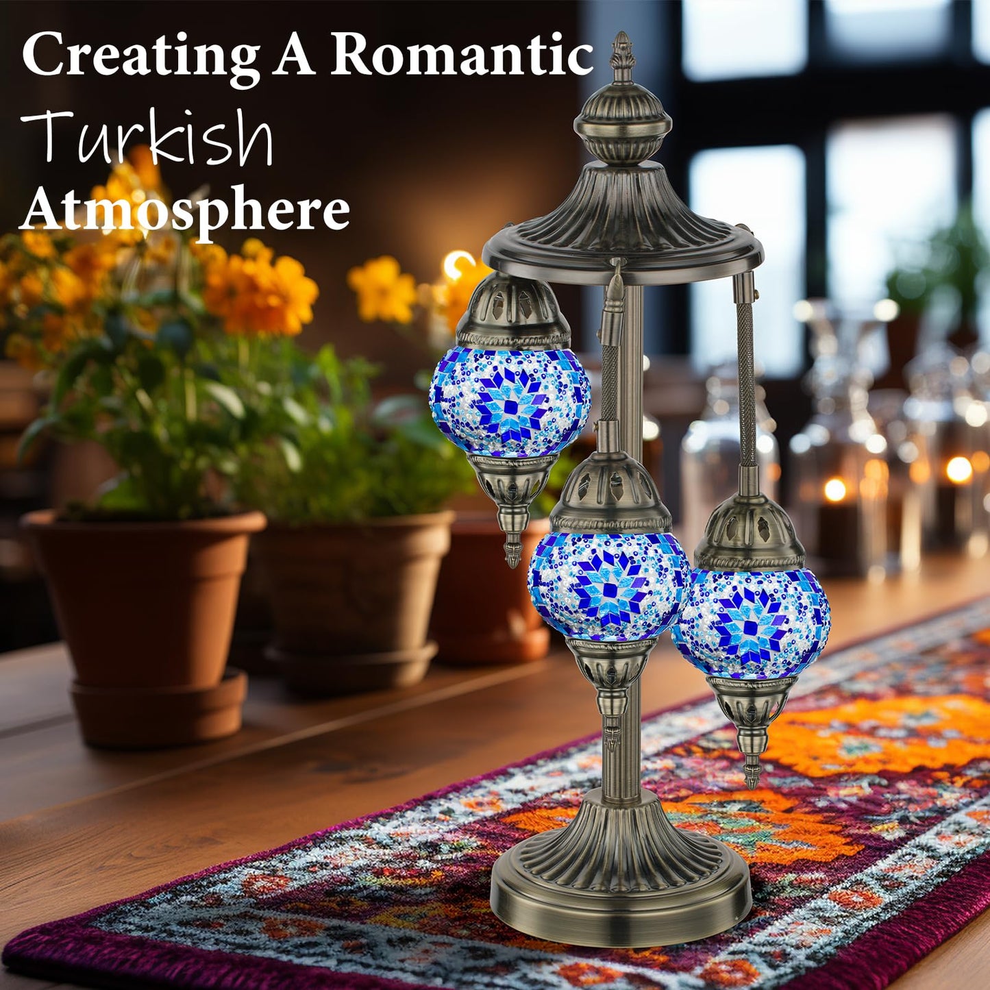 Marrakech Turkish Lamp 3 Globes Moroccan Table Lamp with Bronze Base, 23" Tall Handmade Blue Tiffany Mosaic Glass Night Light Fixture Including LED Bulb for Living Room Bedroom Decor