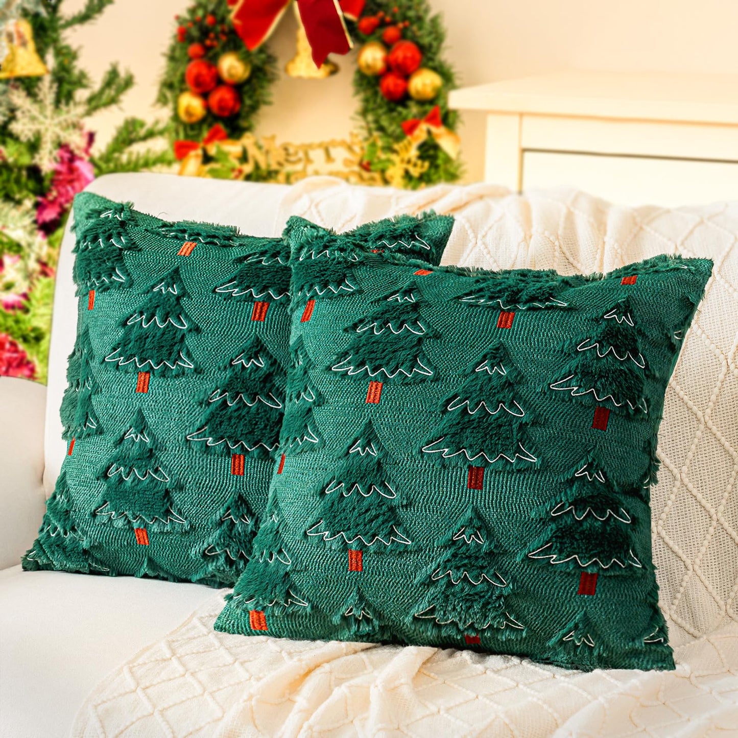 ZSkogur Christmas Throw Pillow Covers 18x18 Set of 2, Christmas Tree Decoration Cushion CoversCushion Covers Soft Faux Fur Pillow Cases for Sofa Couch Bed Winter Holiday Festivals Home Decor, Green