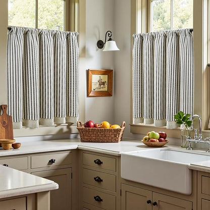 jinchan Double Layer Striped Linen Kitchen Tier Curtain Rustic Cafe for Living Room Bathroom Half Window Curtain Light Filtering Rod Pocket 1 Panel 36 Inch Charcoal Grey
