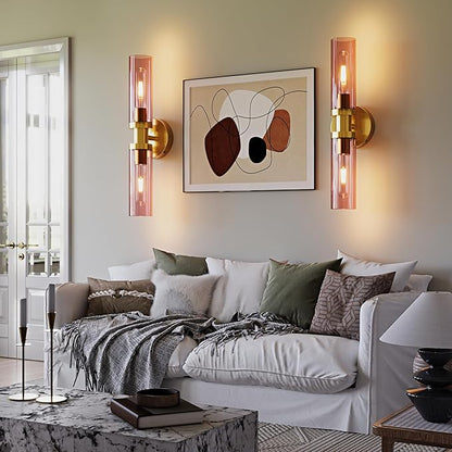 Rechargeable Battery Wall Sconce Set of Two, 8000mAh Cordless, Dimmable, Timer, Remote, Touch Control, USB-C Charging for Living Room, Bedroom Gold with Wine Red Lampshade (Include 4 Special Bulbs)