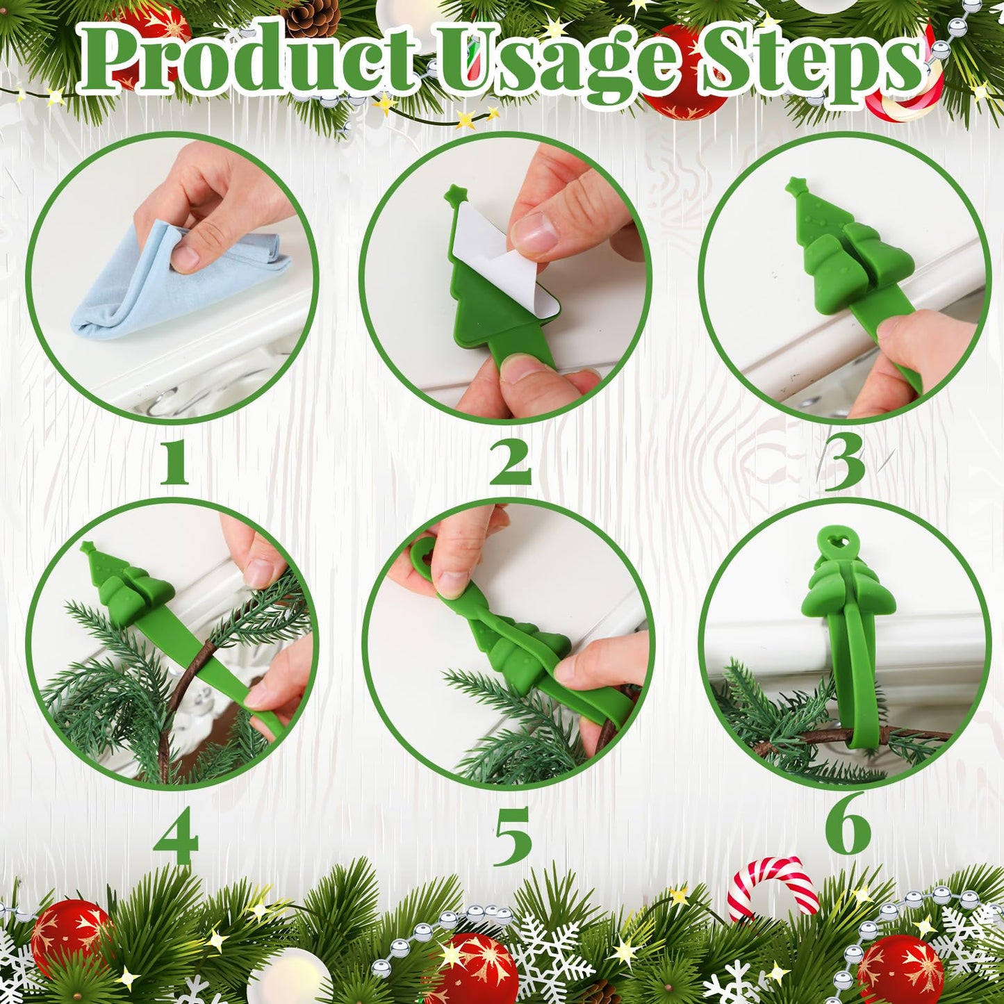 XunYee 12 Pcs Christmas Garland Hangers for Mantle,Fireplace Garland Hanger, Christmas Tree Shaped Ties Stocking Holder, Reusable Silicone Adhesive Straps for Stairways Banister Staircase