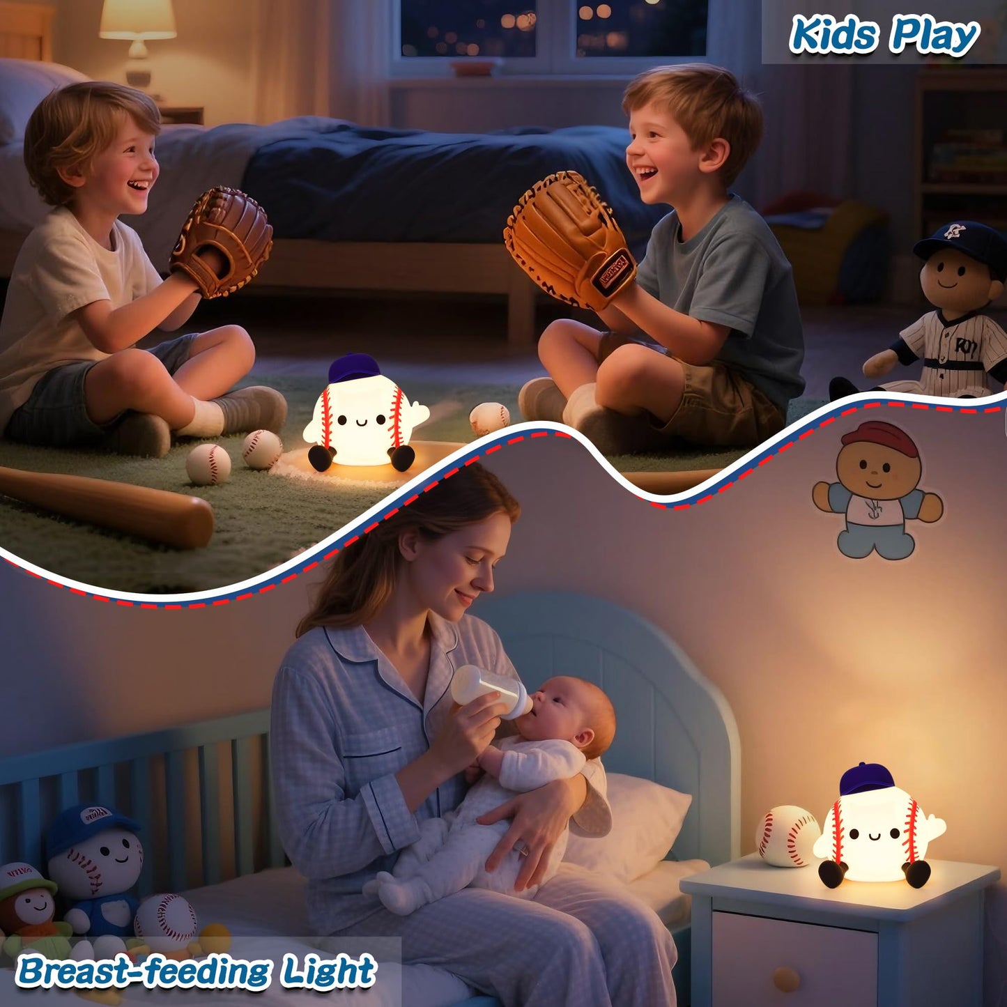Okayera Baseball Night Light, Sports Baseballs Gifts for Baseball Fan, Soft Silicone Rechargeable LED Touch Lamp, Nursery Bedroom Bedside Decor for Boys Baby Kids Teen Sport Lover Xmas Birthday Gifts