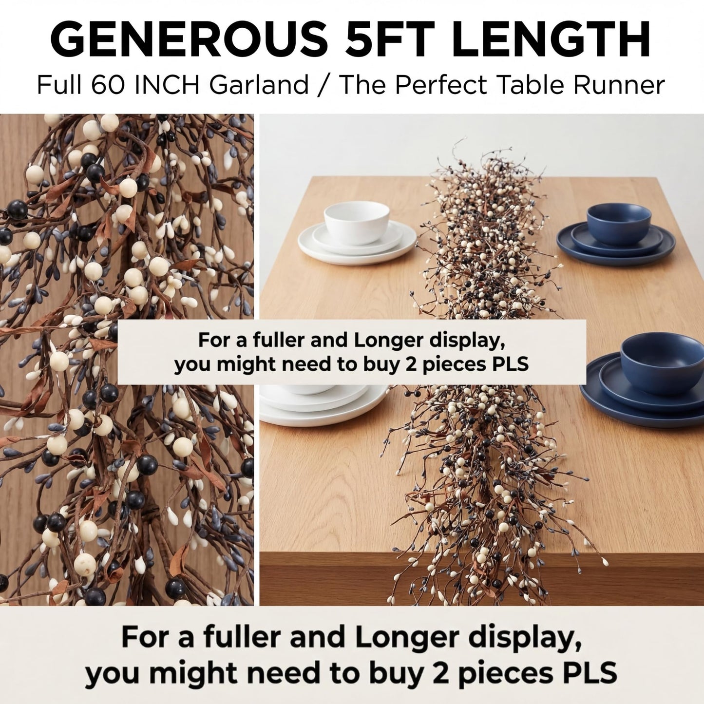 Quixem 60 Inch (5FT) Rustic Navy Blue Black & Cream Pip Berry Garland for Fireplace Mantel & Table Runner, Flexible Wired Artificial Vine, Coastal Farmhouse Decor, Precise Size
