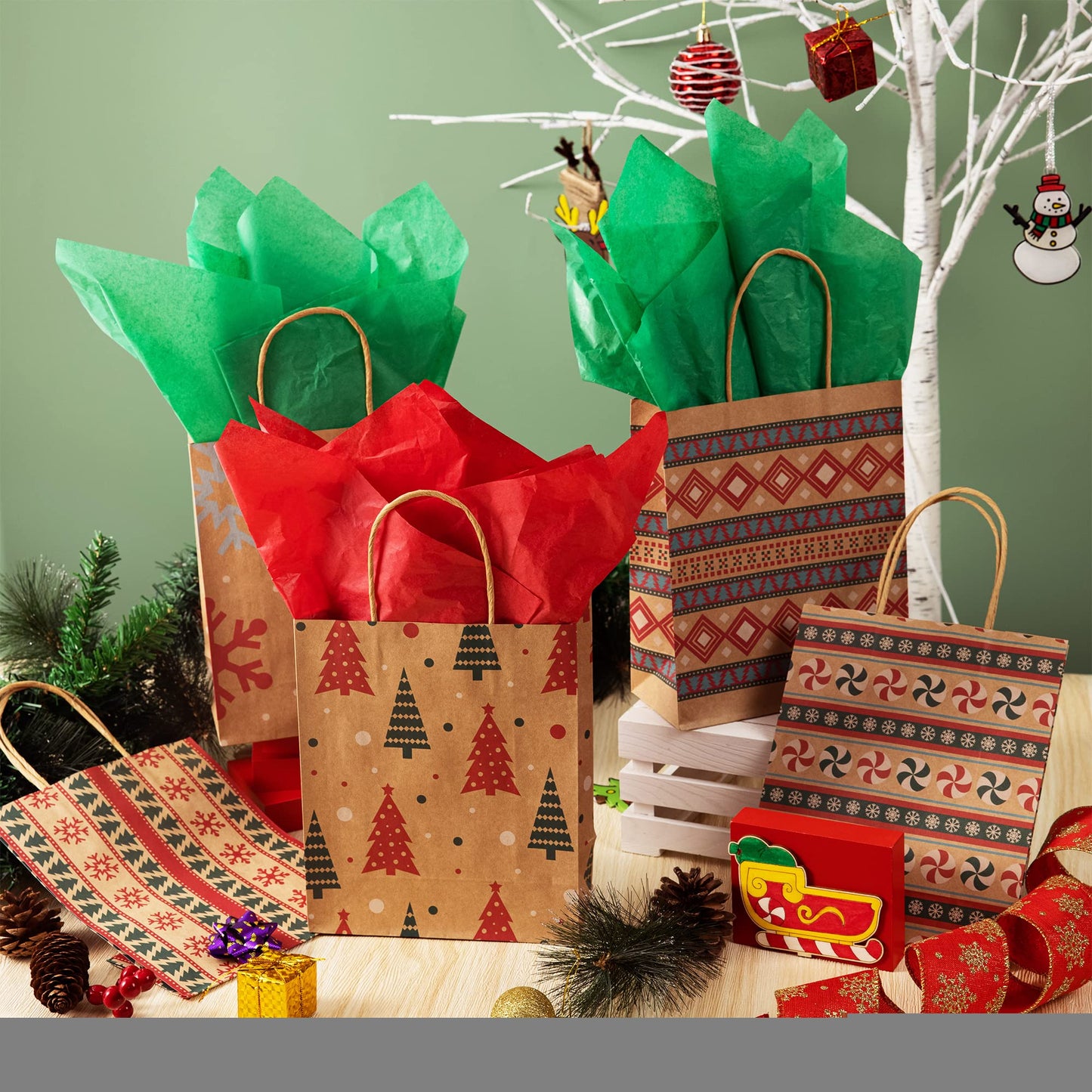 JOYIN 24 PCS Christmas Kraft Gift Bags for Present Wrapping, Holiday Paper Goody Gift Treat Candy Bags for Xmas Decor Supplies Classrooms Wedding and Party Favors (9" x 7.3" x 3.3")