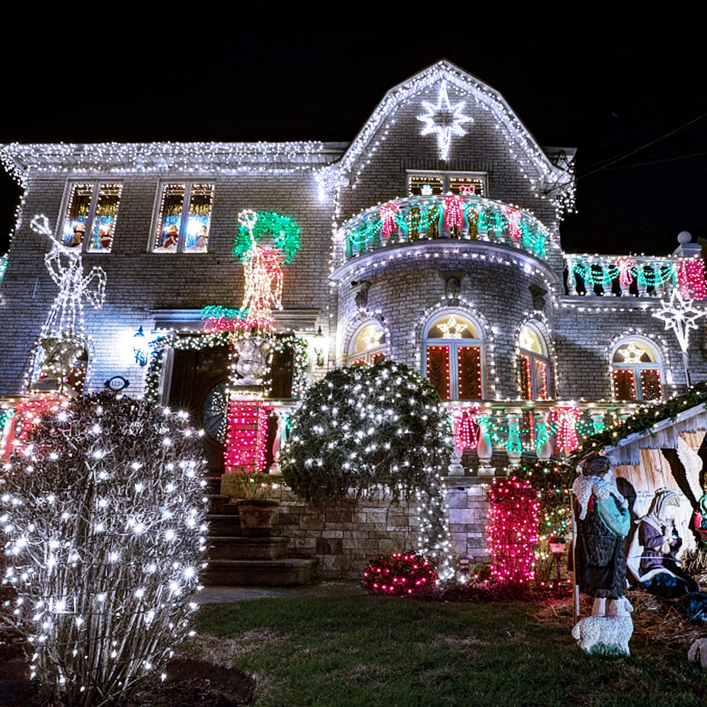 JMEXSUSS 200 LED White Christmas Lights Outdoor, 66ft Christmas Tree Lights Green Wire, 8 Modes Waterproof Twinkle String Lights Plug in for Xmas Wedding Party Indoor Decoration