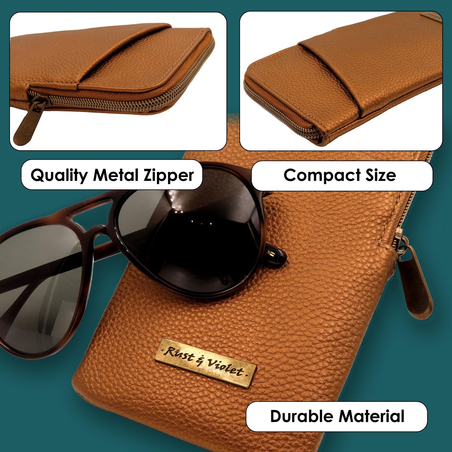 Double Eyeglass Case | Semi Soft Faux Leather Zipper Glasses Pouch - Chic Dual Durable Sunglass Case (IP128 Bronze)