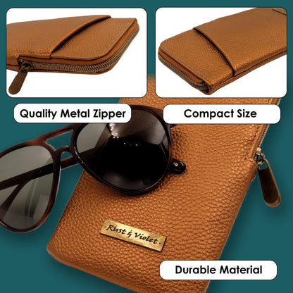 Double Eyeglass Case | Semi Soft Faux Leather Zipper Glasses Pouch - Chic Dual Durable Sunglass Case (IP128 Bronze)