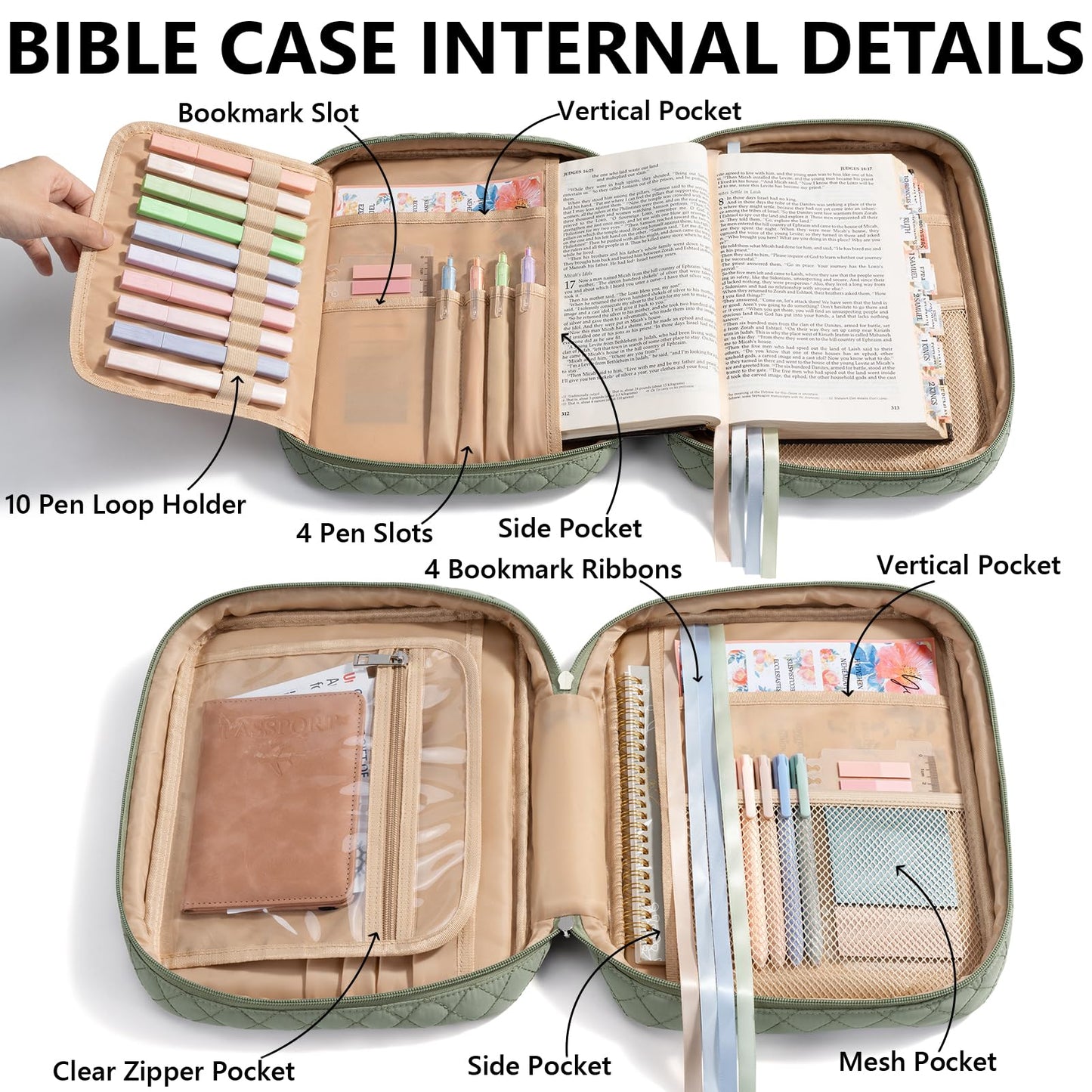 Bible Cover Case for Women Large Bible Bag, Bible Study Supplies Journaling Kit Quilted Church Bag with Handle, Puffer Book Carrying Case w/Tabs Accessories Mothers Day Christian Gifts for Women Mom