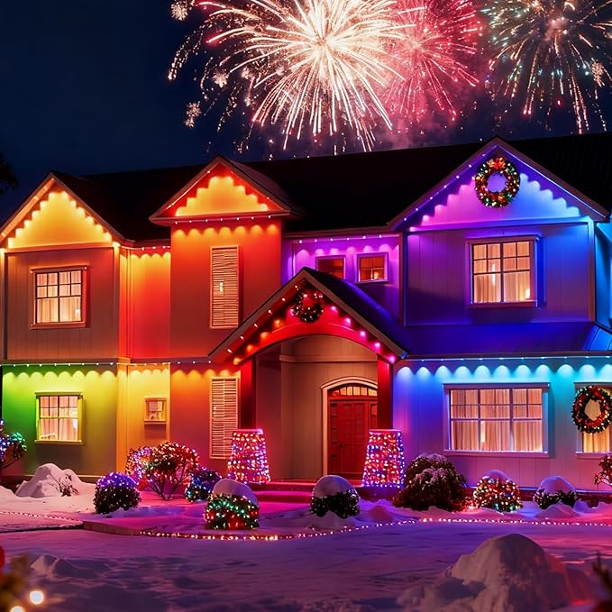 50FT Christmas Permanent Outdoor Lights,RGB+IC Eaves Lights with App & Remote Control,DIY Multi-Color Scene Modes,IP67 Waterproof,Outdoor Strings for House,Holiday Decorations for Christmas