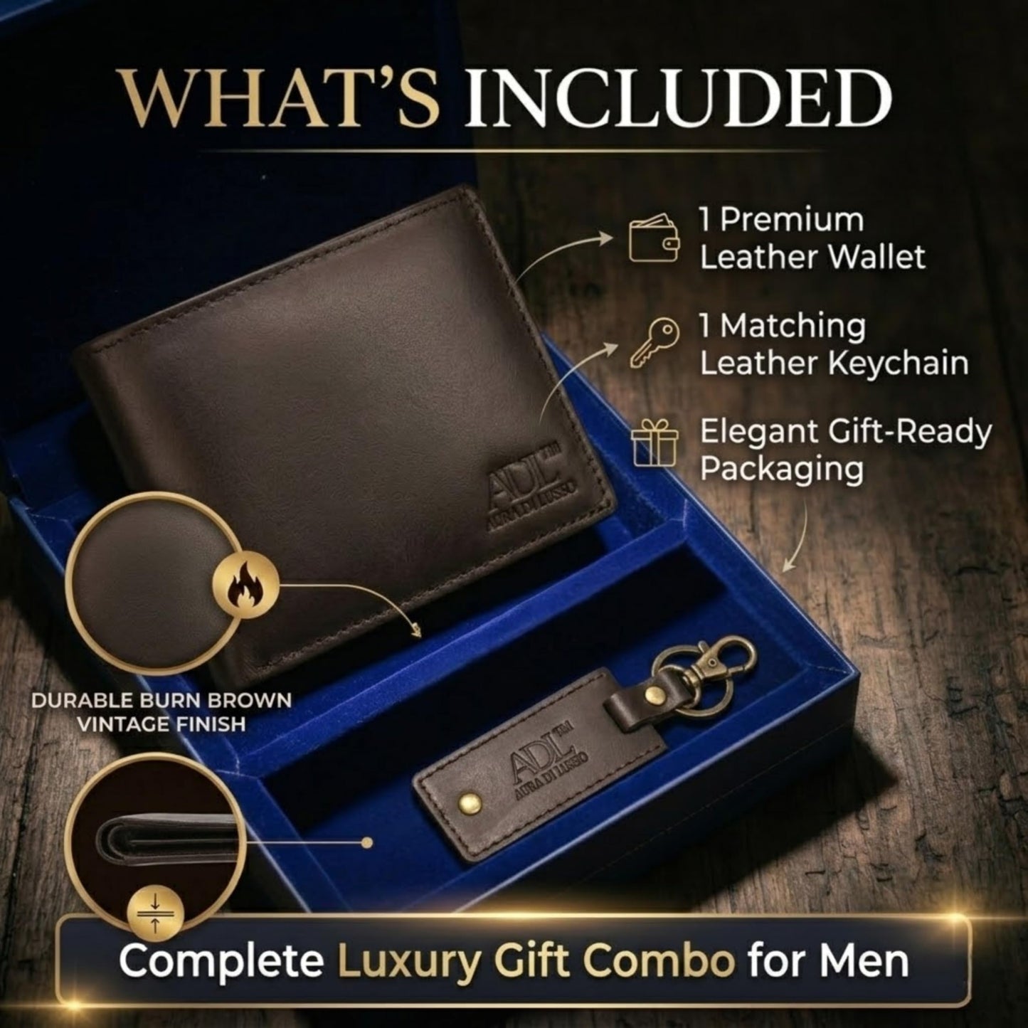 Aura Di Lusso Handmade Full Grain Premium Leather Wallet & Keychain Combo Set for Men | Stylish & Durable Gift Combo | Ideal for Everyday Use | Luxury Accessories for Men (Dark Brown)