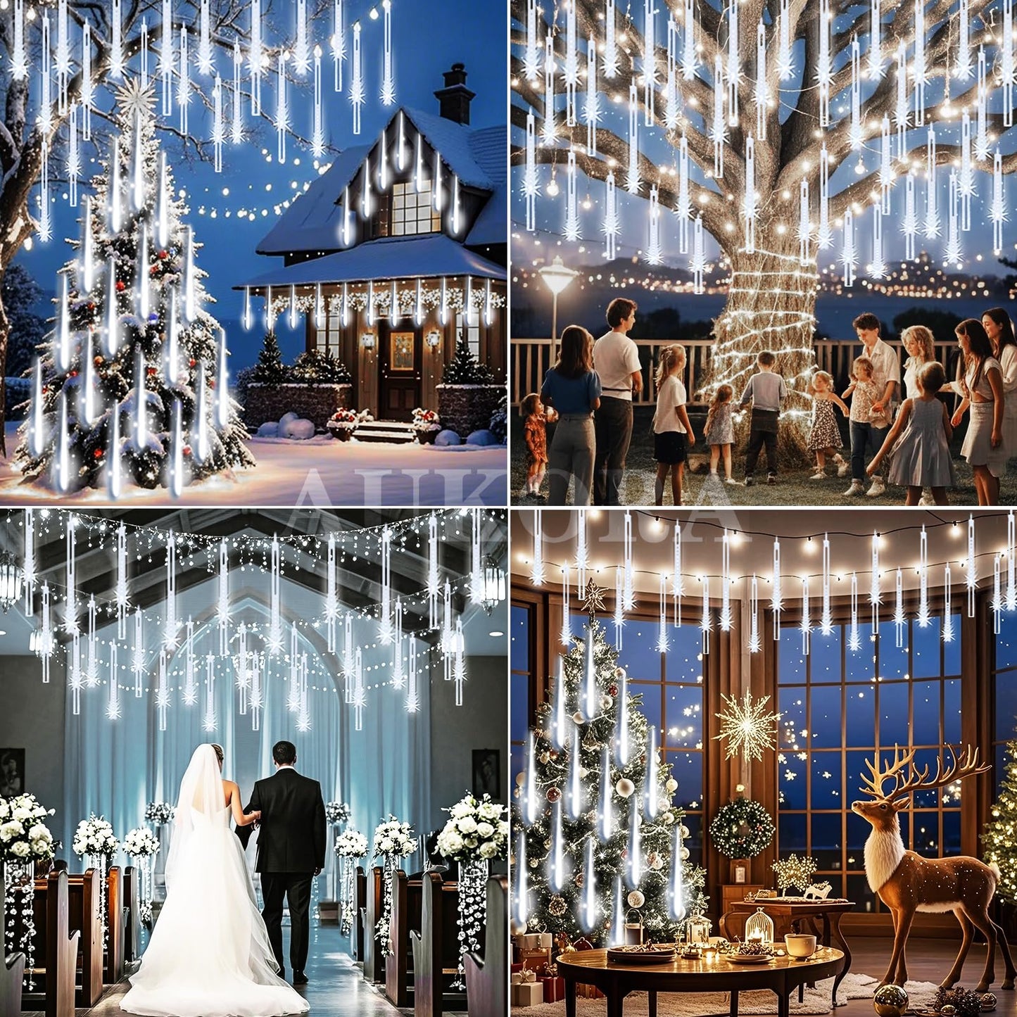 Aukora Christmas Lights Outdoor Meteor Shower Falling Rain Lights 12 inch 8 Tubes 192LED Snowfall Cascading Icicle String Light for Xmas Tree Decor Wedding Party Holiday Window Garden, UL Plug, White