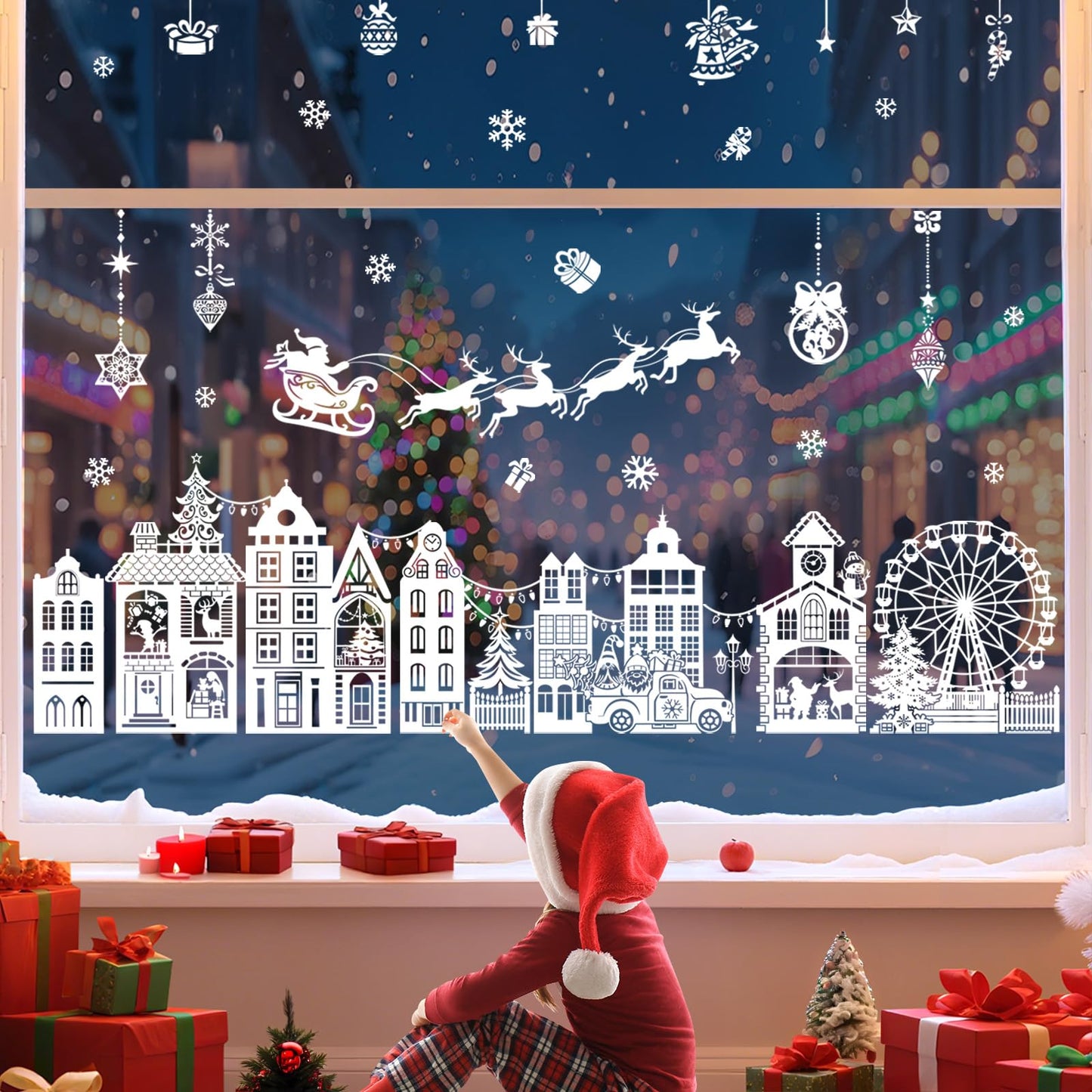 wondever White Christmas Town Window Clings Winter House Street Scene Glass Sticker Decal Anti Collision Double-Side Static Window Stickers for Glass Christmas Party